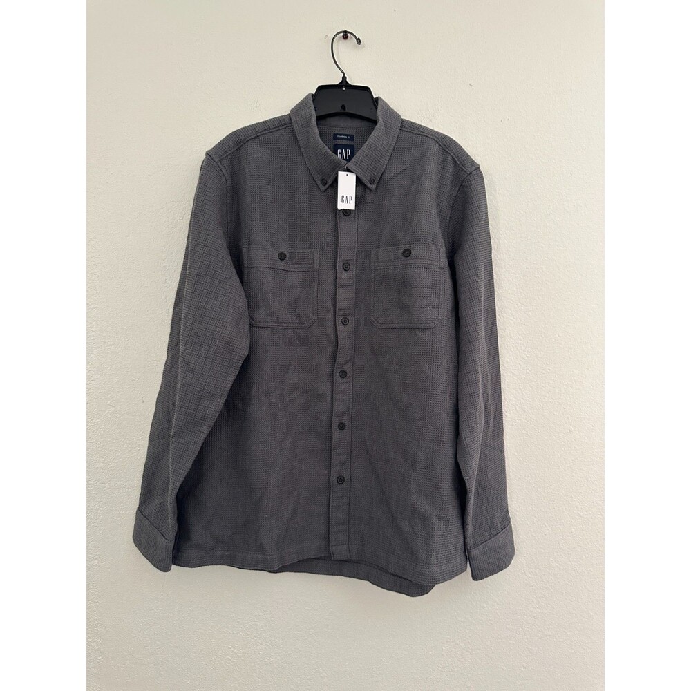 NWT Gap Long Sleeve Waffle Flannel Button Down Shirt Charcoal Heather Men's M